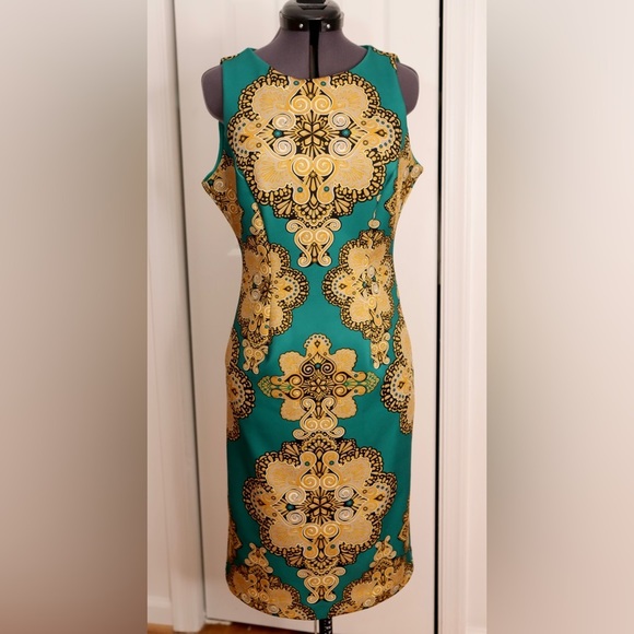 New York & Company Women's Stretch Sheath Dress Gold\Green | Small - Picture 3 of 16